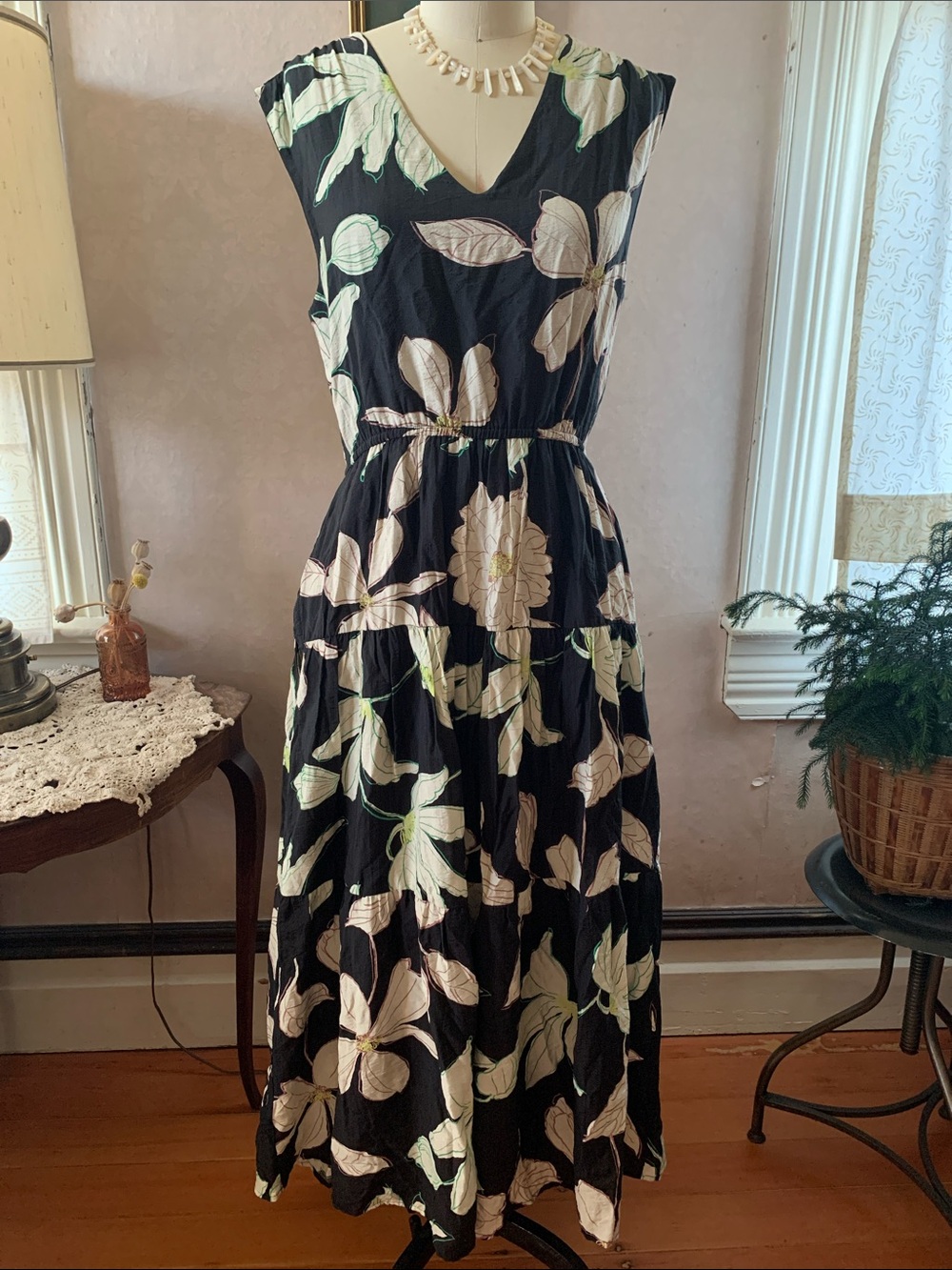 Evereve Black Maxi Dress with Cream Floral Print